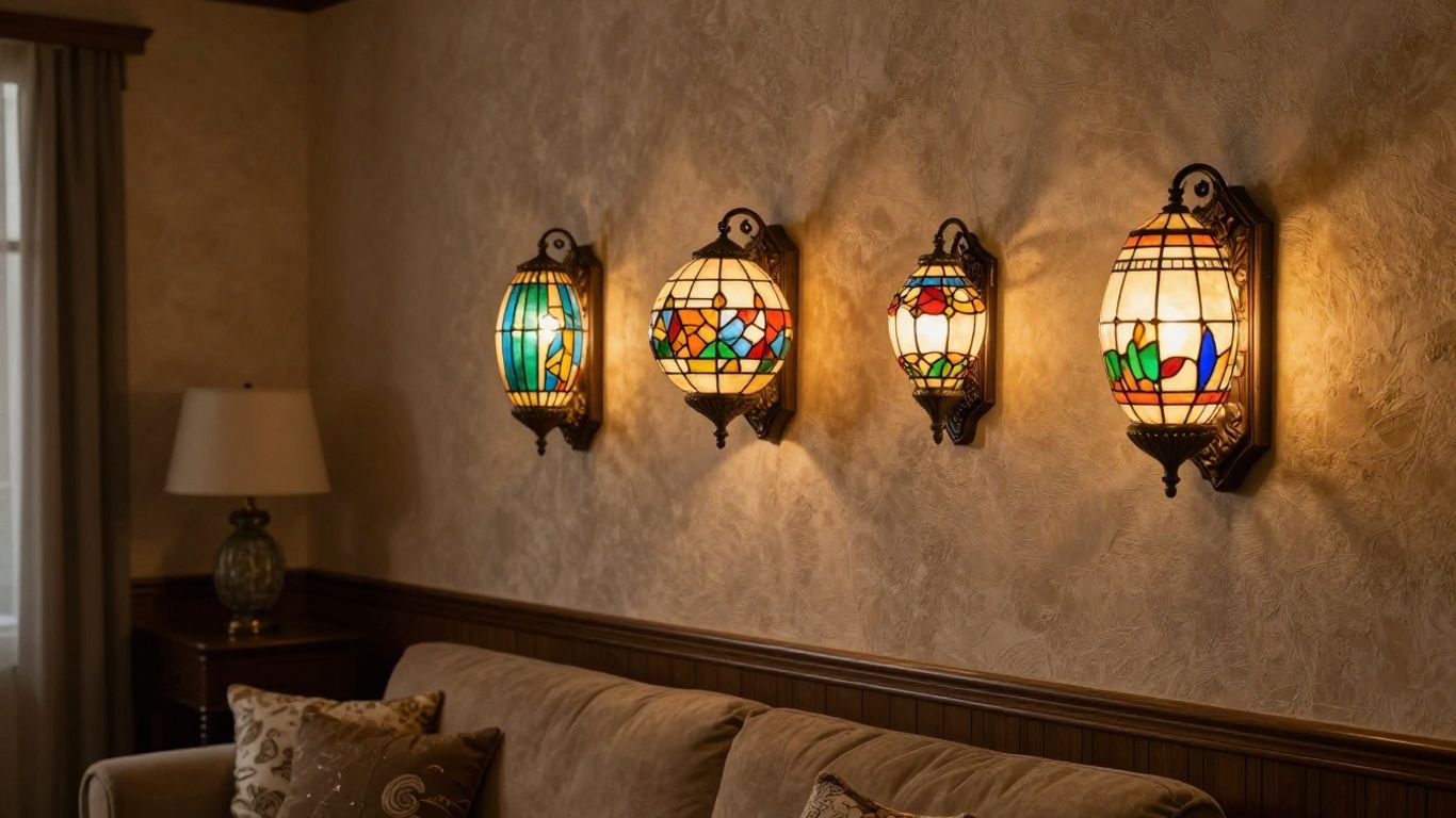 Tiffany wall sconces casting warm light in living room