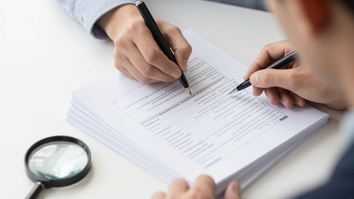 Insurance claim documents and magnifying glass