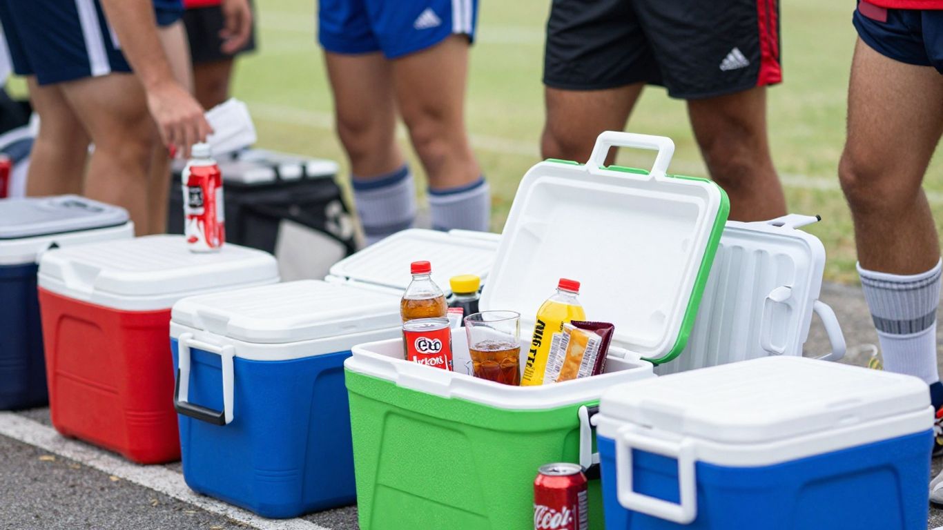 Sports coolers filled with drinks and snacks for athletes.