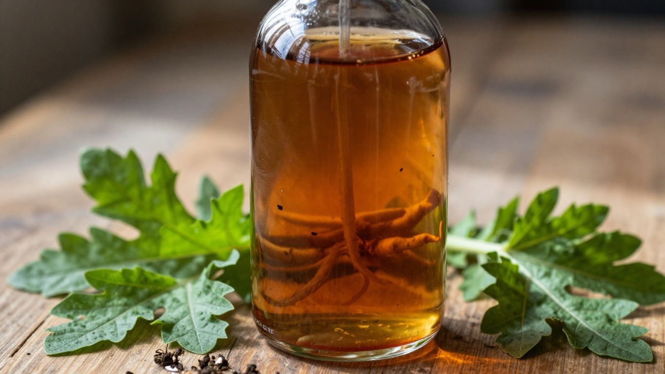 Herbal bitters bottle with fresh herbs and sunlight.