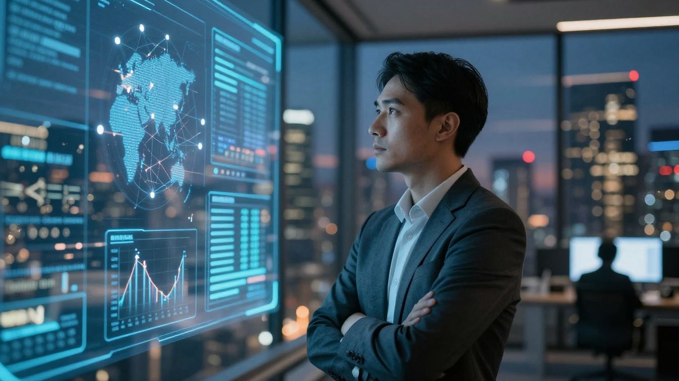 Professional analyzing holographic risk data with cityscape background.