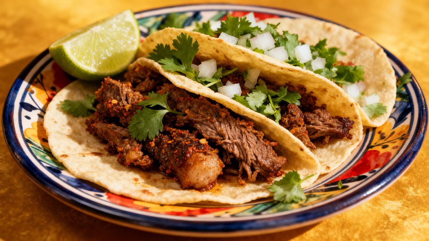 Colorful Mexican tacos with fresh garnishes.