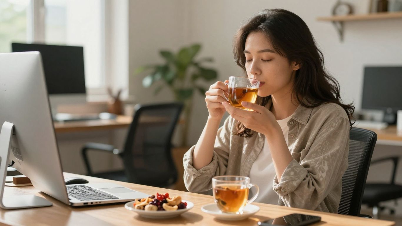 Person enjoying a mindful break with tea and healthy snack.