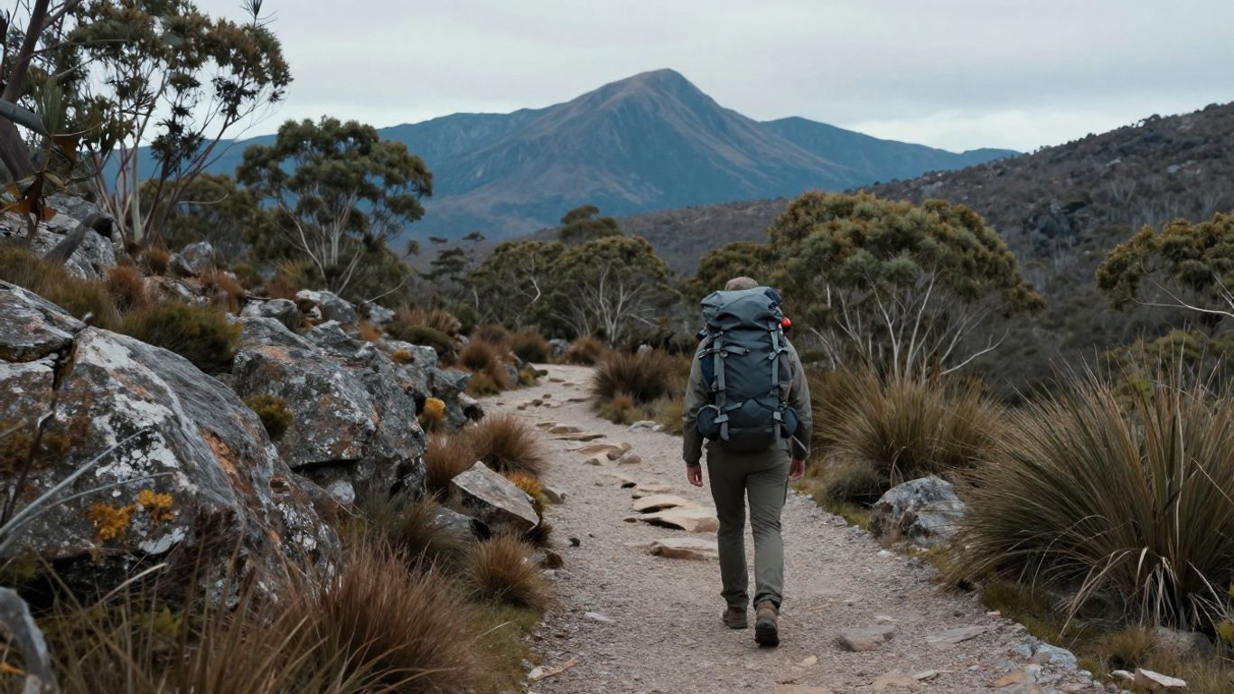 Backpacker beside a Tasmanian mountain trail