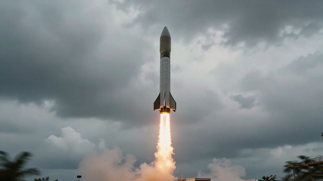 Rocket launching into a cloudy sky