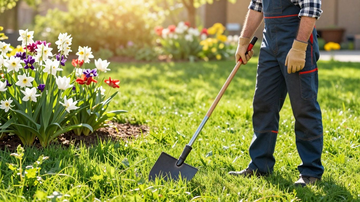 Landscaper preparing a garden in early spring.