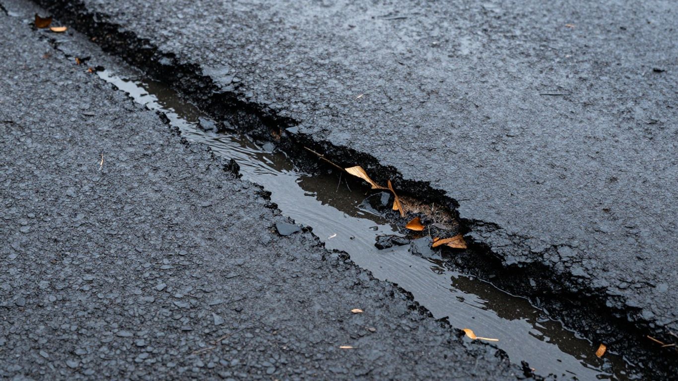 Rain washes away a failing road patch.