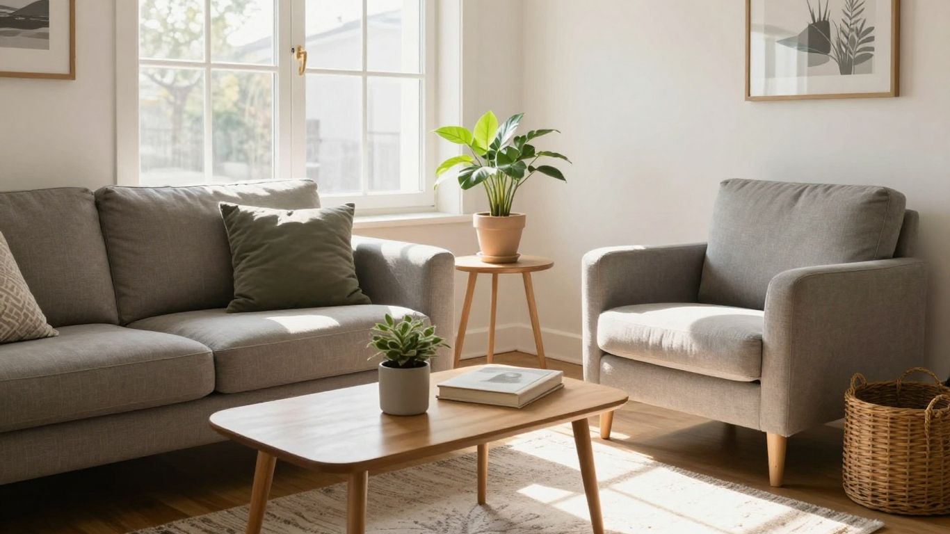 Cozy Airbnb living room with stylish furniture and sunlight.