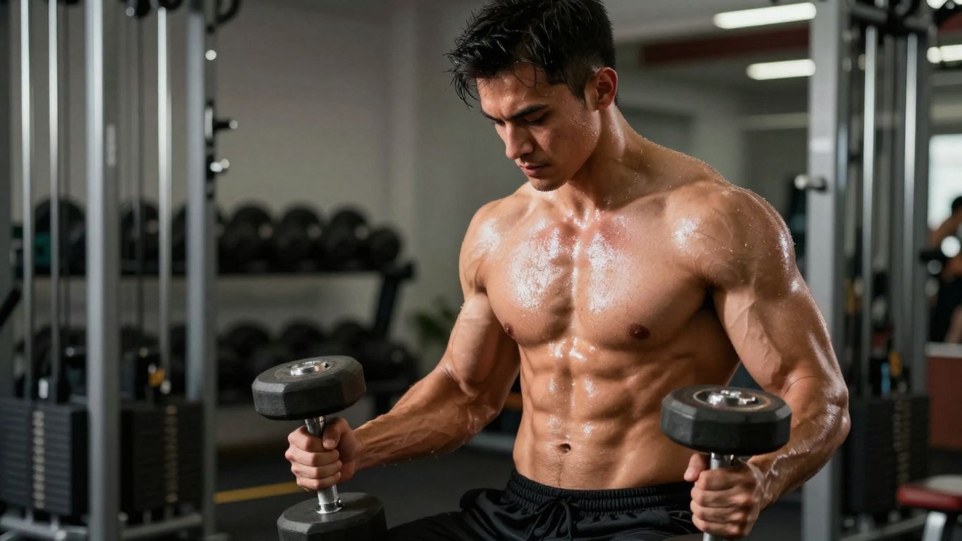 Muscular man lifting dumbbells in intense gym setting