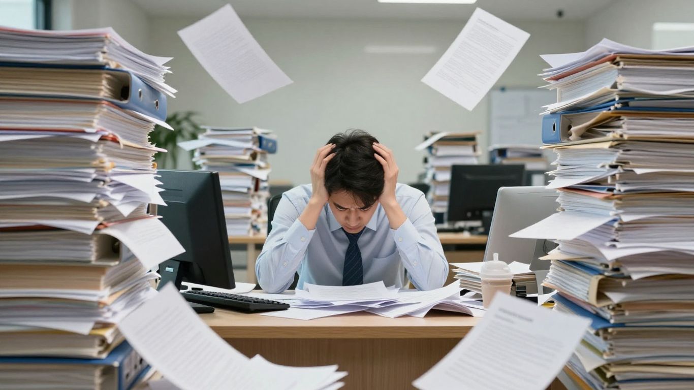 Personne submergée par le travail et les papiers.