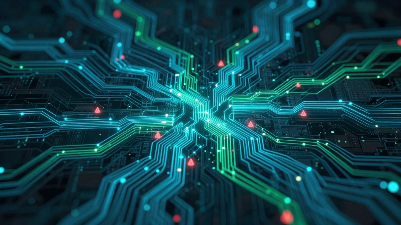 Digital network pathways with subtle red alert icons.