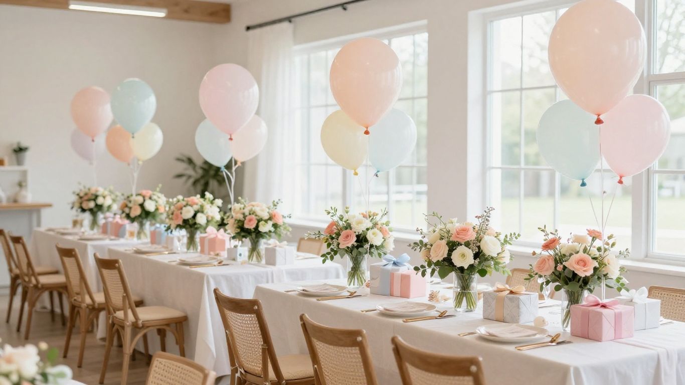 Elegant Dallas baby shower venue with balloons and gifts.