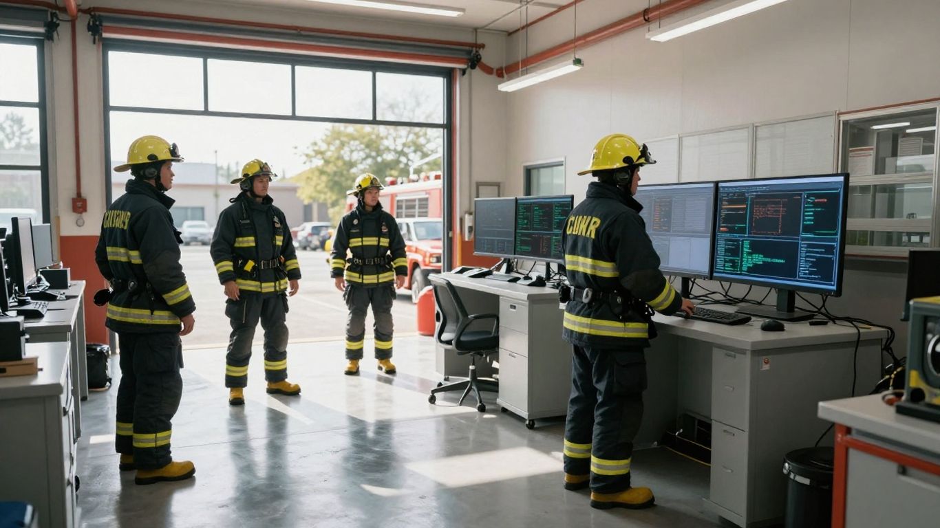 Firefighters and technology in a modern fire station.