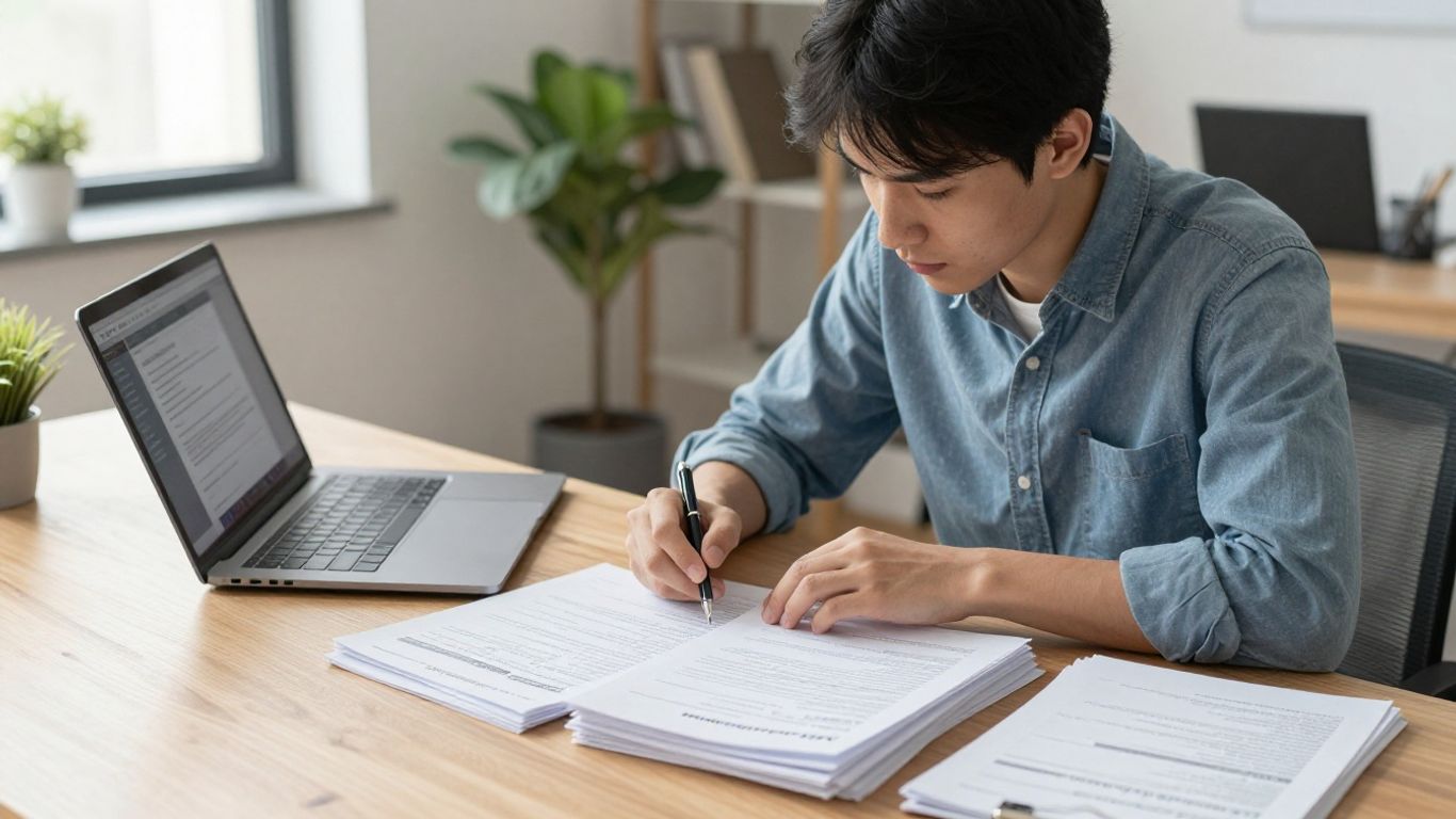 A student looking at documents while considering loan options