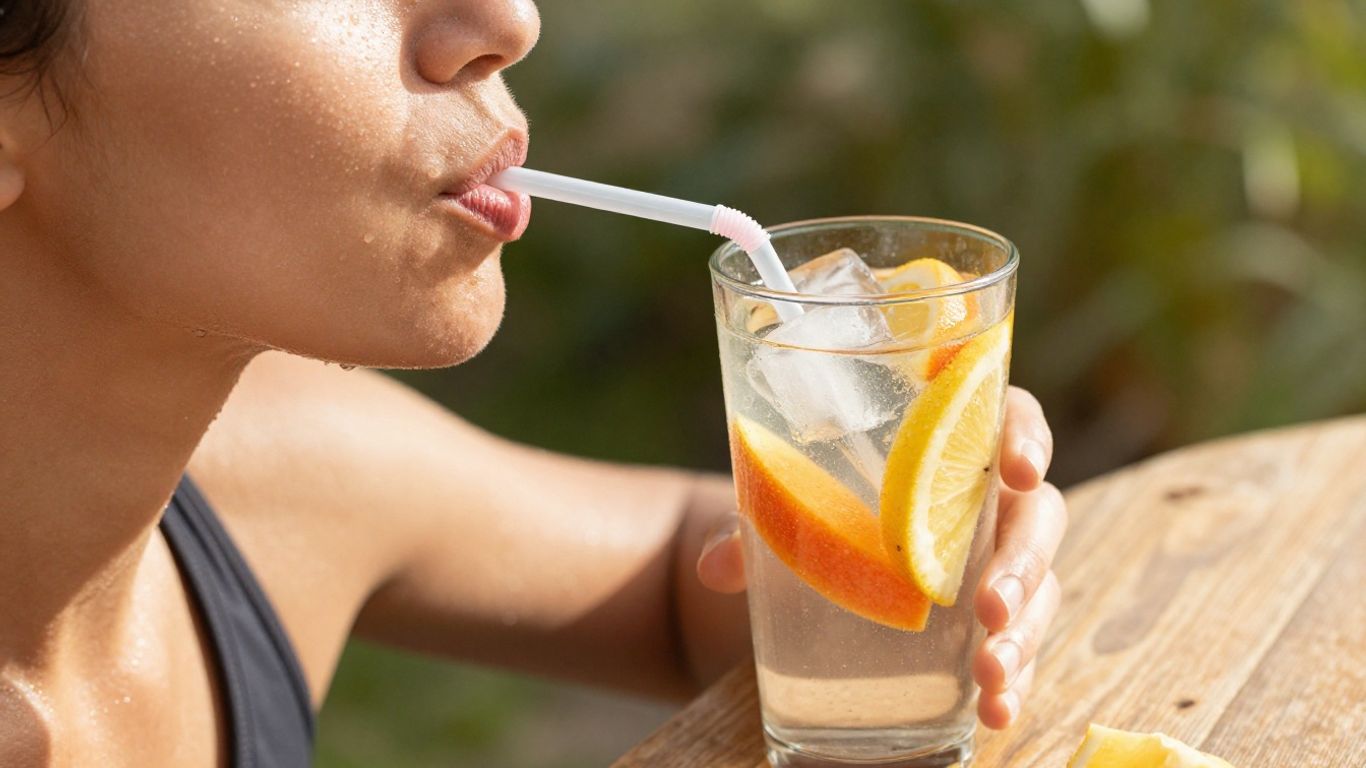 Pessoa bebendo água e um copo com frutas e gelo.