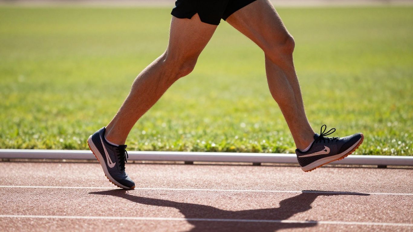 Runner's feet in motion on a track.
