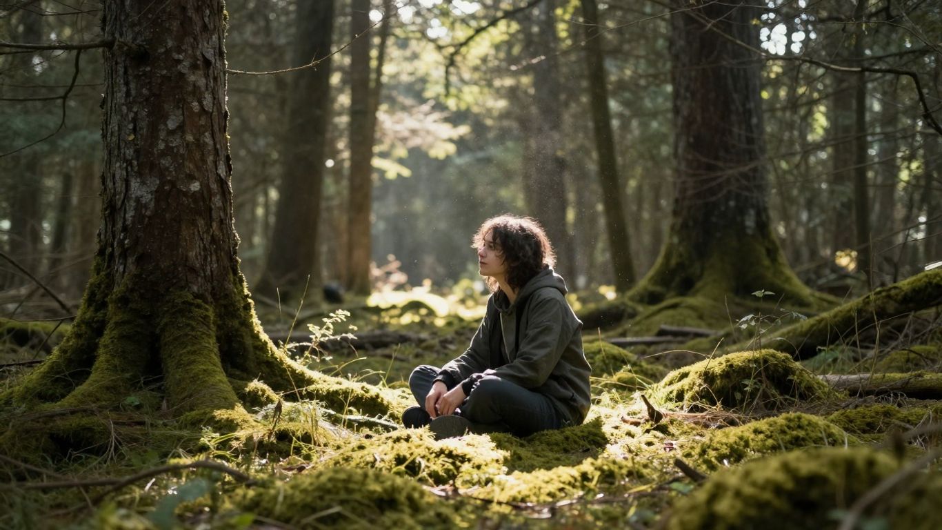 A calm figure meditating in a forest