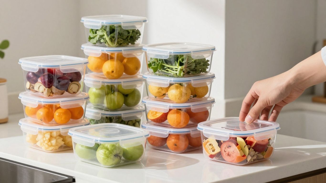 Variety of plastic food containers filled with colorful food items.