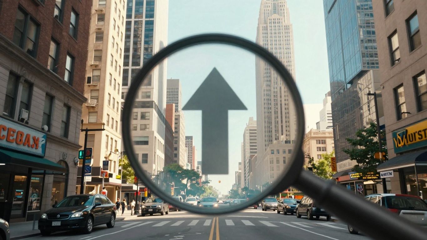 Local businesses in a city with a magnifying glass.