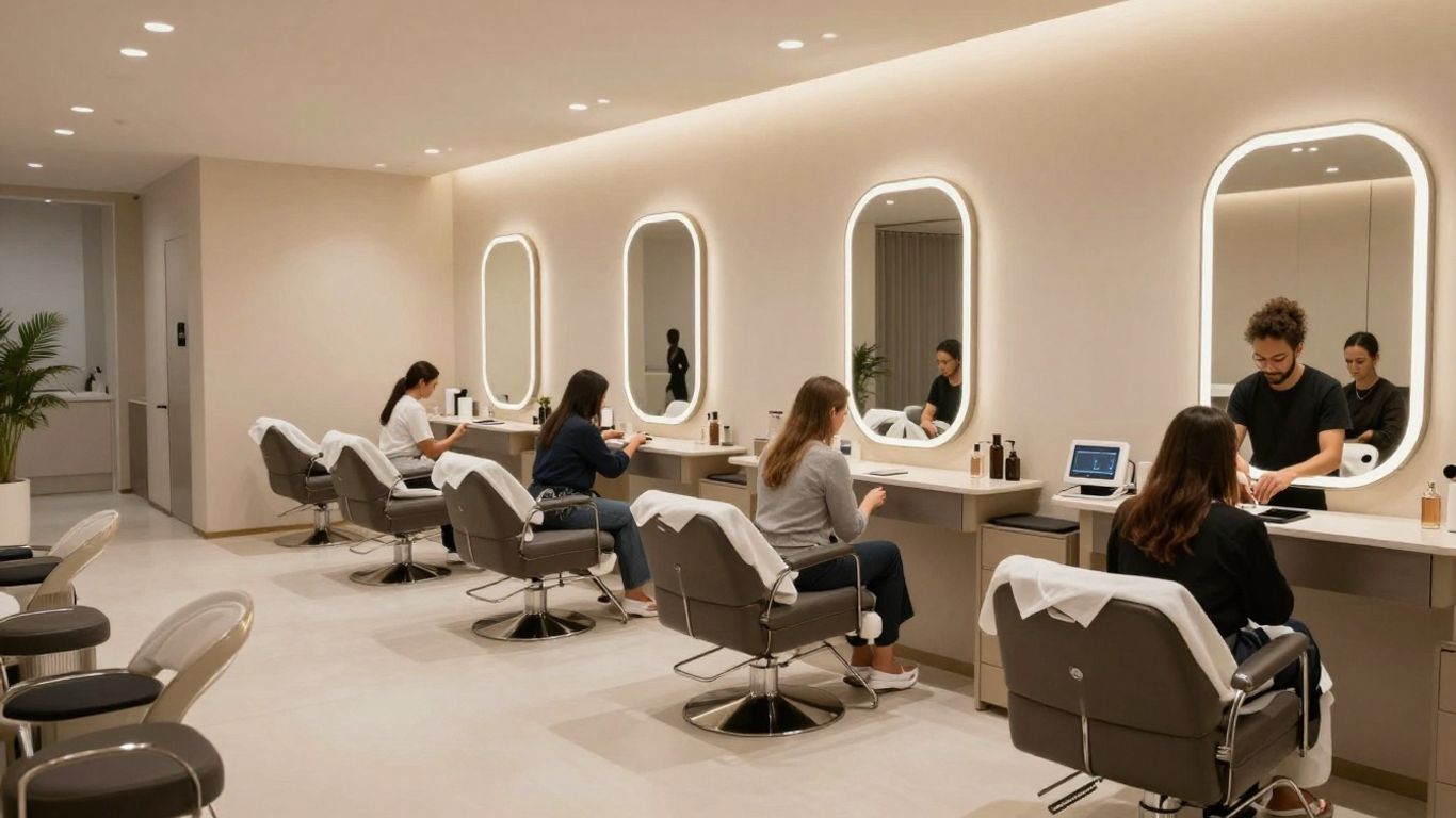 Salon interior with clients and technology.