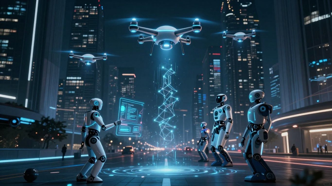 Futuristic cityscape with AI robots and drones.