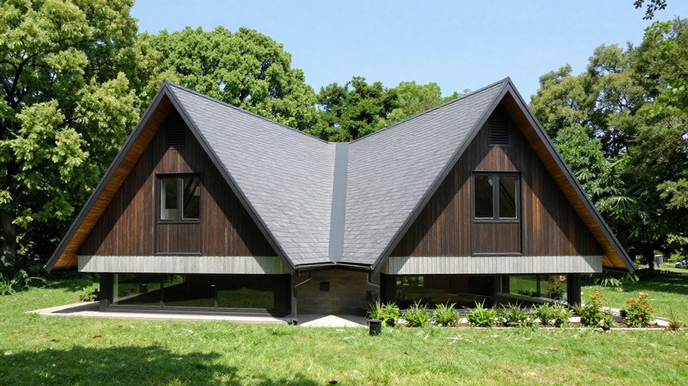 Modern house with a double-pitched roof on a sunny day.