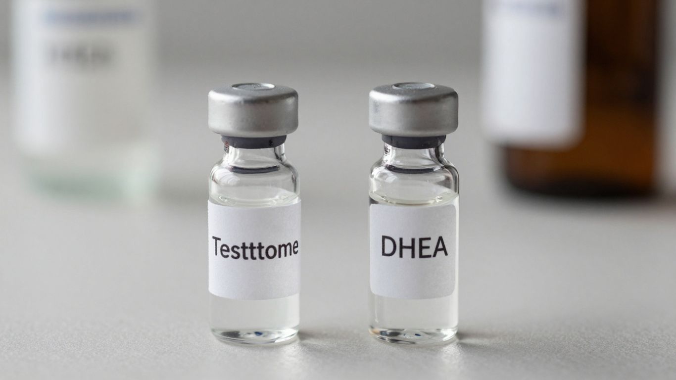 Bottles of Testosterone and DHEA supplements.