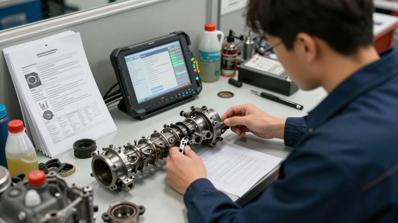 Mechanic reviewing transmission inspection findings