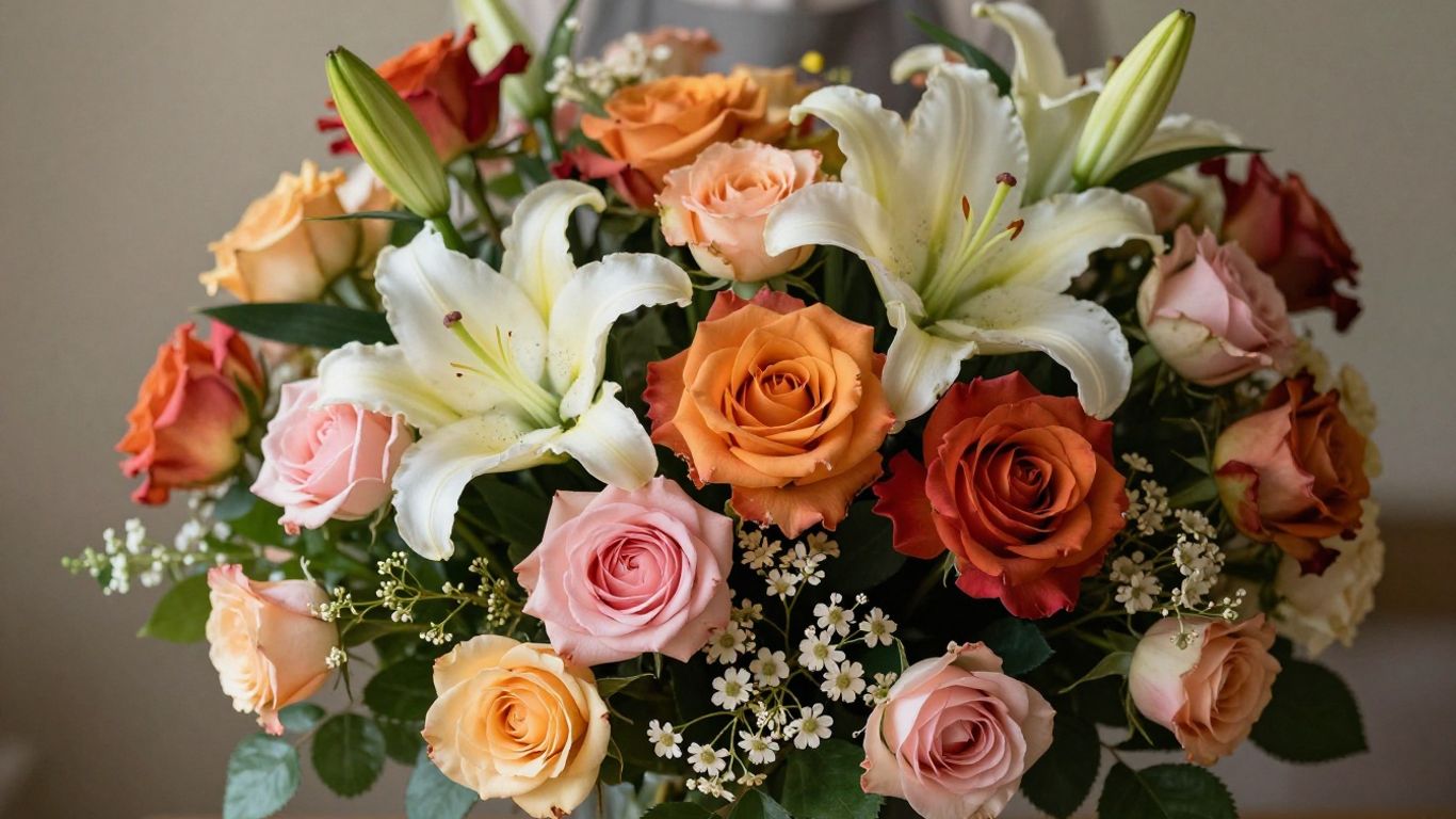 Stunning floral bouquet with vibrant roses and lilies.