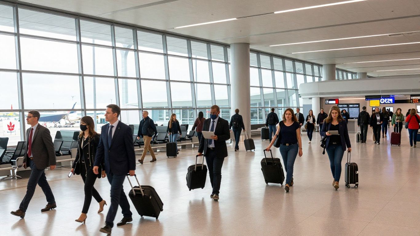 Travelers walking through a bright airport arrivals hall