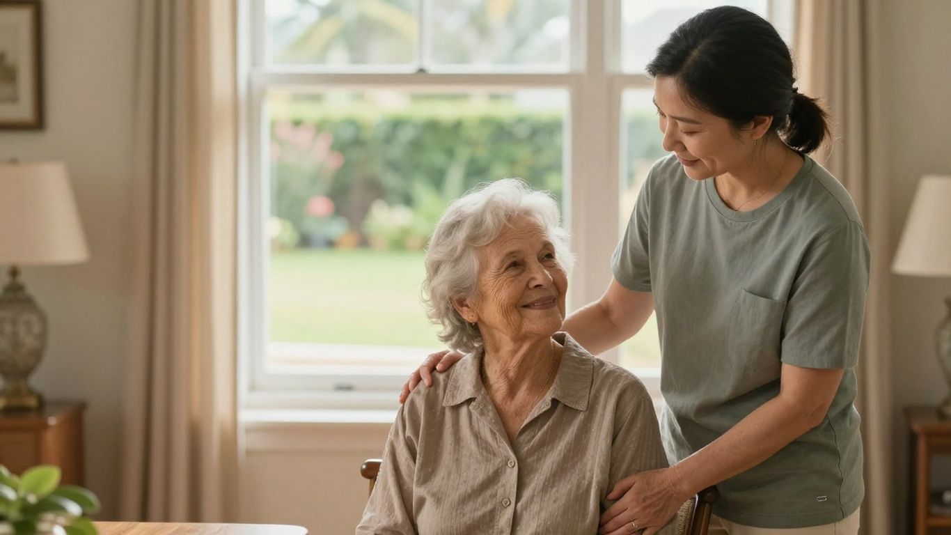 Elderly woman receiving home care after hospital stay.