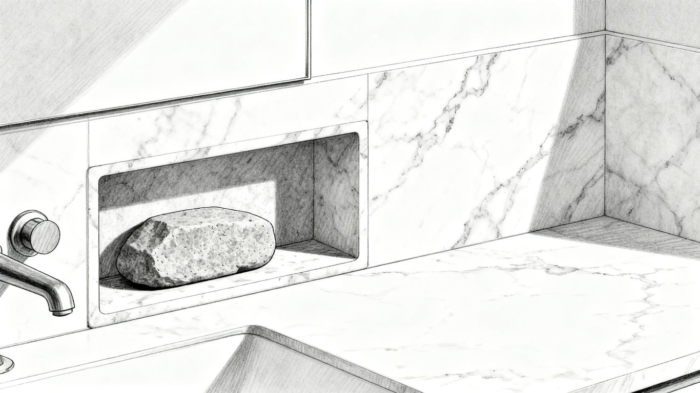 Stone bathroom storage and vanity details