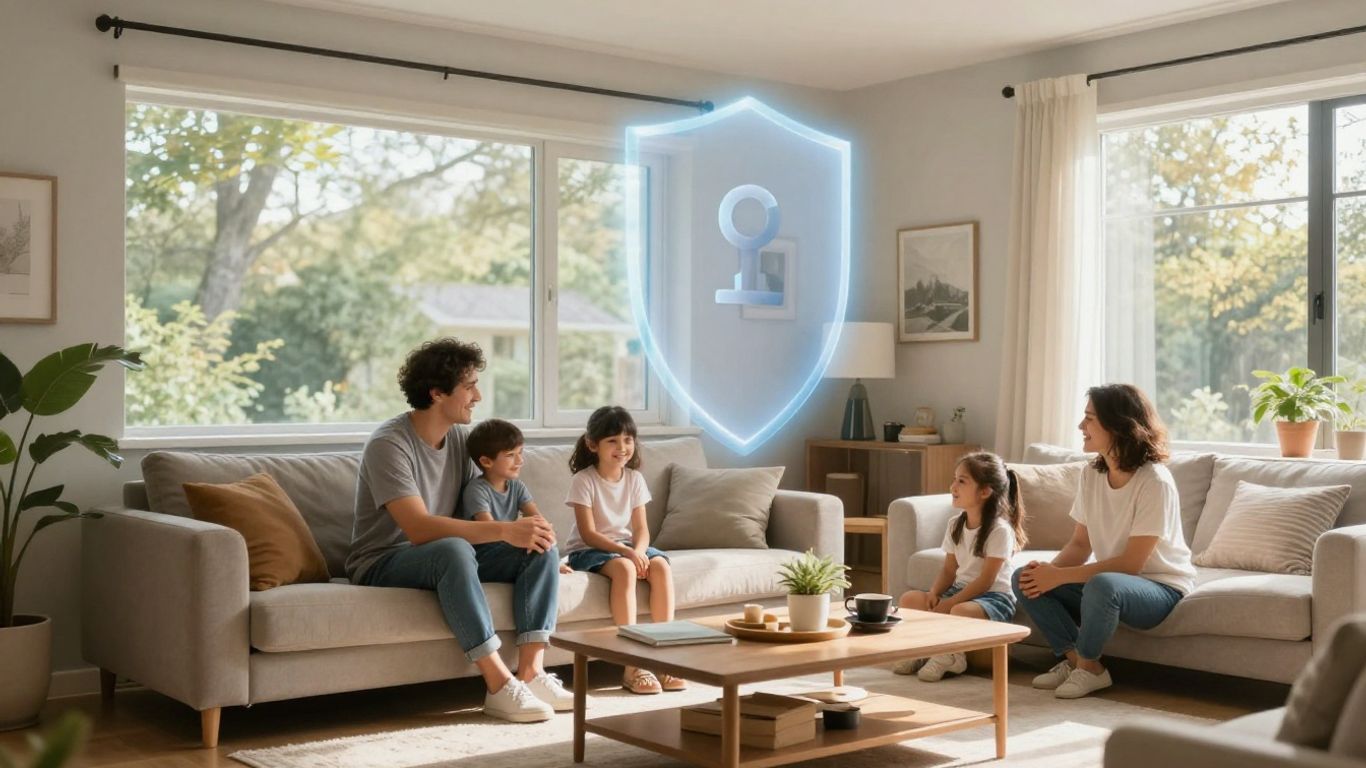 Familia feliz y protegida en su hogar seguro.