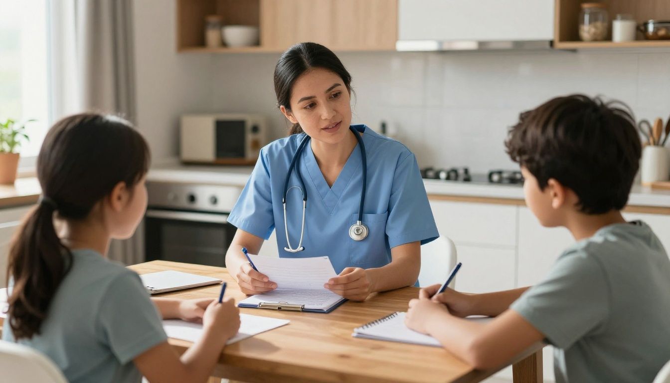 A compassionate private duty nurse sits at a kitchen table, talking warmly with a family member while reviewing care notes in a sunlit home.