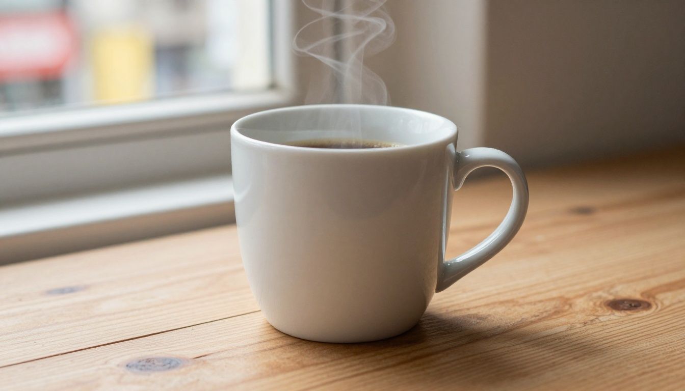 Uma xícara de café fumegante sobre um balcão de madeira rústica, com uma janela ao fundo mostrando as luzes noturnas e a chuva de uma metrópole movimentada