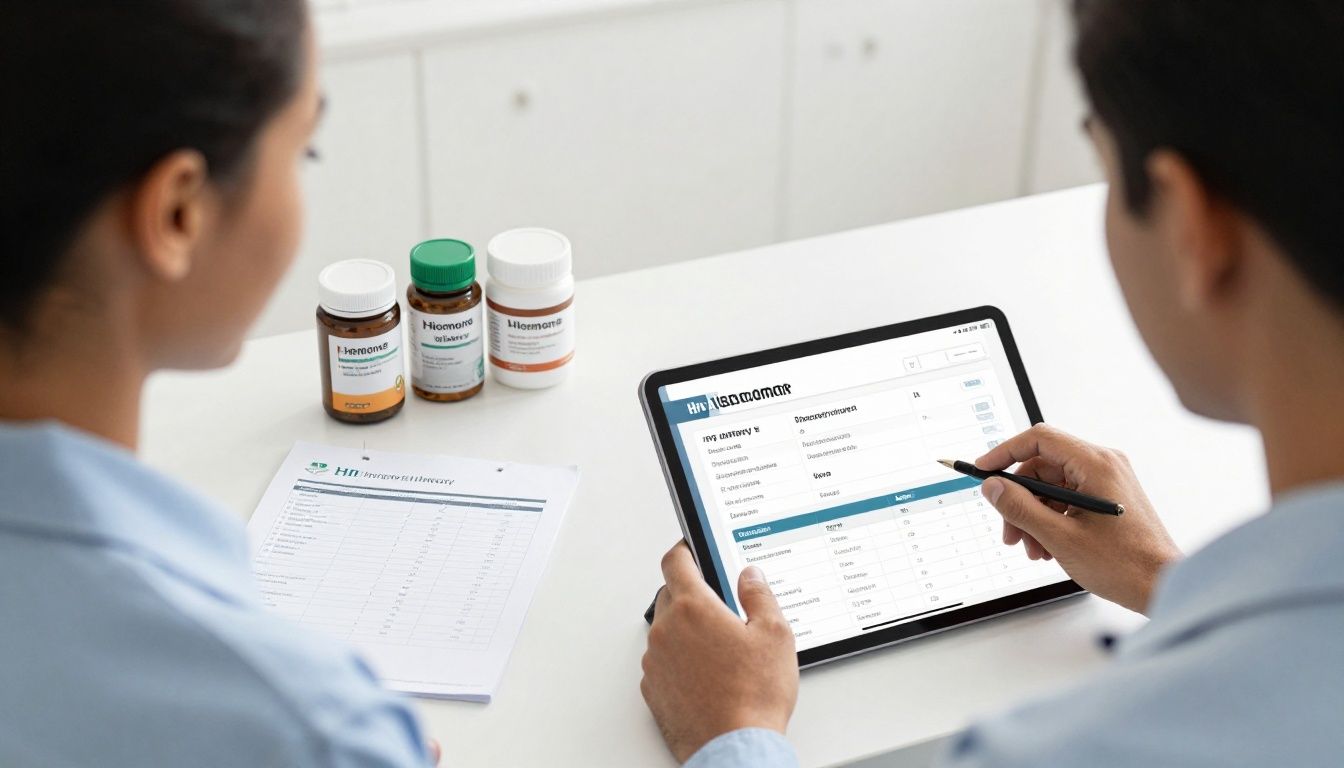 Bright modern health-tech scene showing a diverse U.S. adult organizing hormone treatment history, lab results, supplement containers, fitness notes, and recovery data on a tablet beside a clean desk
