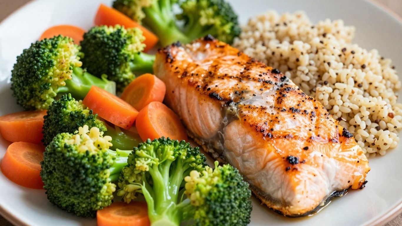 Balanced meal with protein, vegetables, and grains.