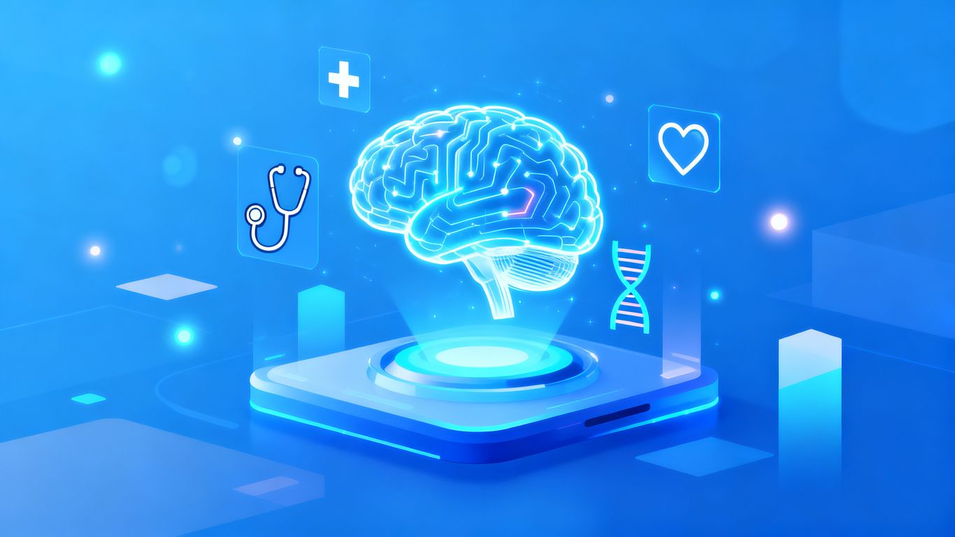 NHS app with AI brain and medical icons.