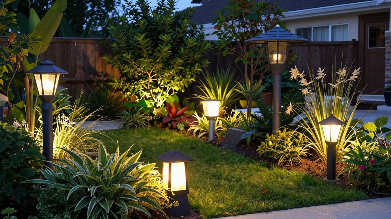 Various illuminated garden lighting posts at twilight.