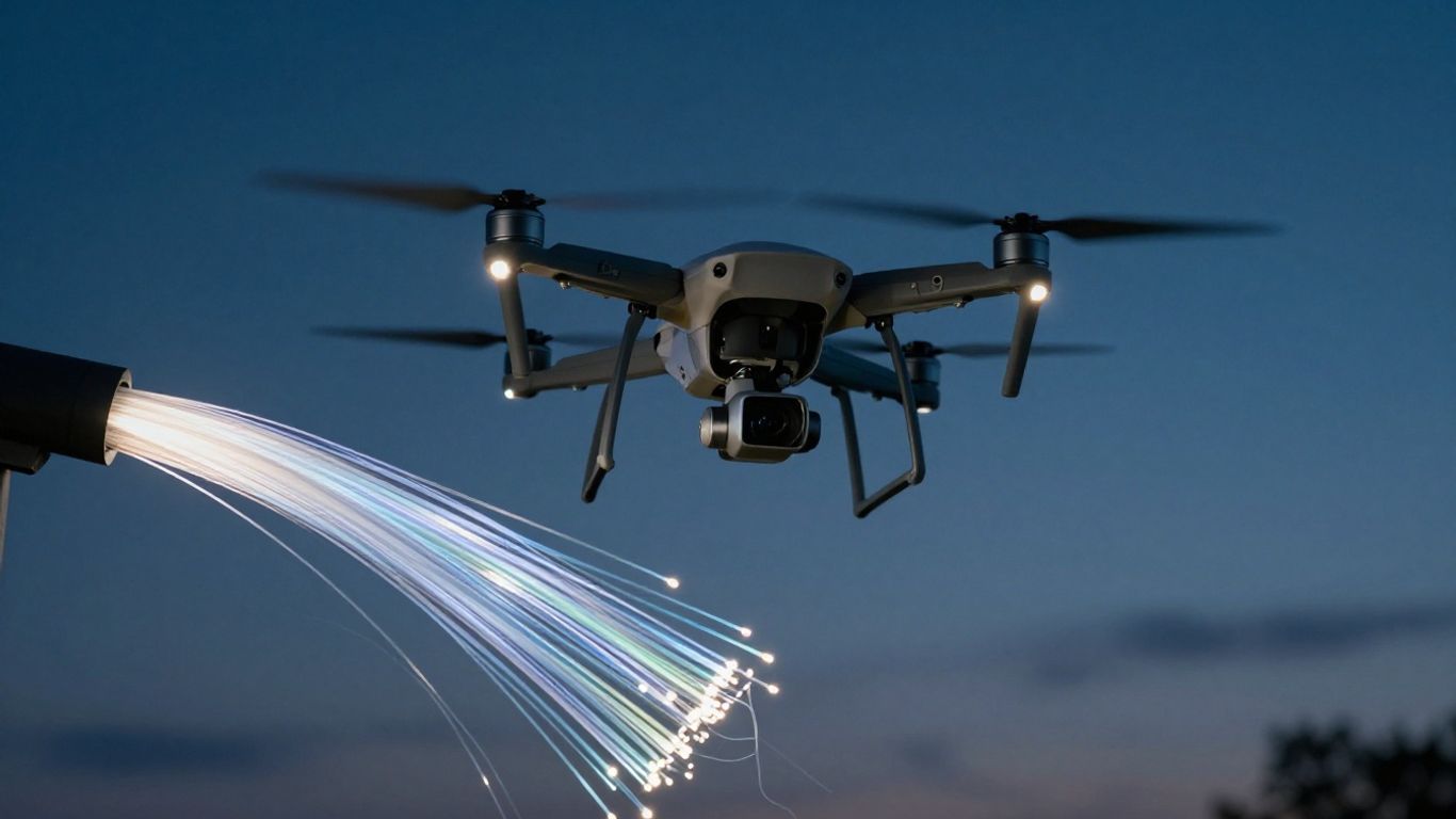 Drone near glowing fiber optic cables in the sky.