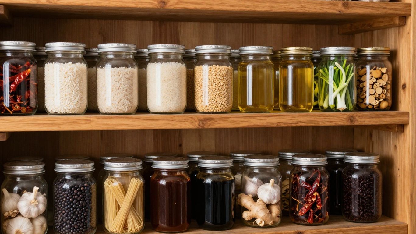 Sauces aromatics and rice in a pantry