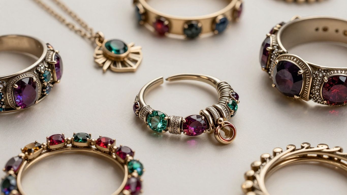 Contemporary jewelry pieces with gemstones and unique designs.