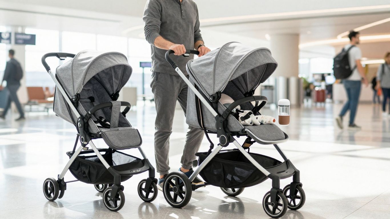 Parent with travel stroller and newborn accessories at airport.