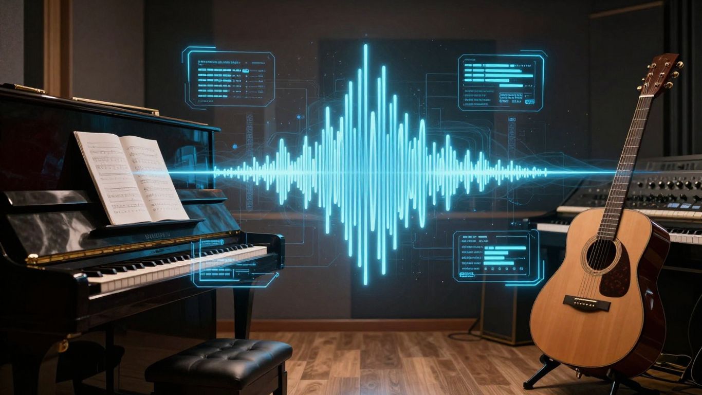 AI music creation interface blending with instruments.