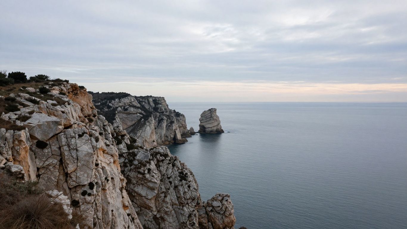 Cap d'Agde coastline with rocks and sea in winter.
