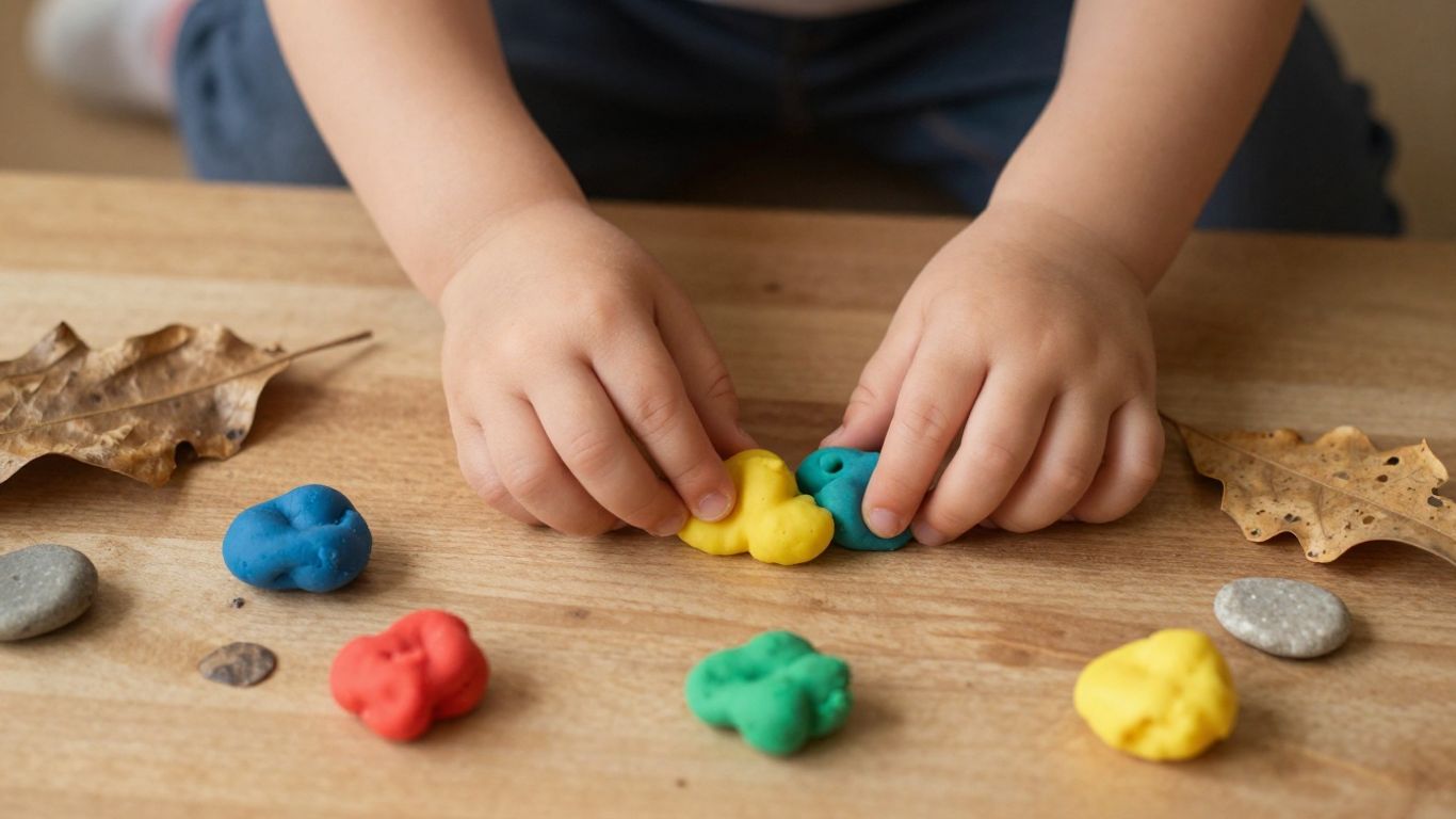 Toddler's hands exploring colorful playdough and natural items.