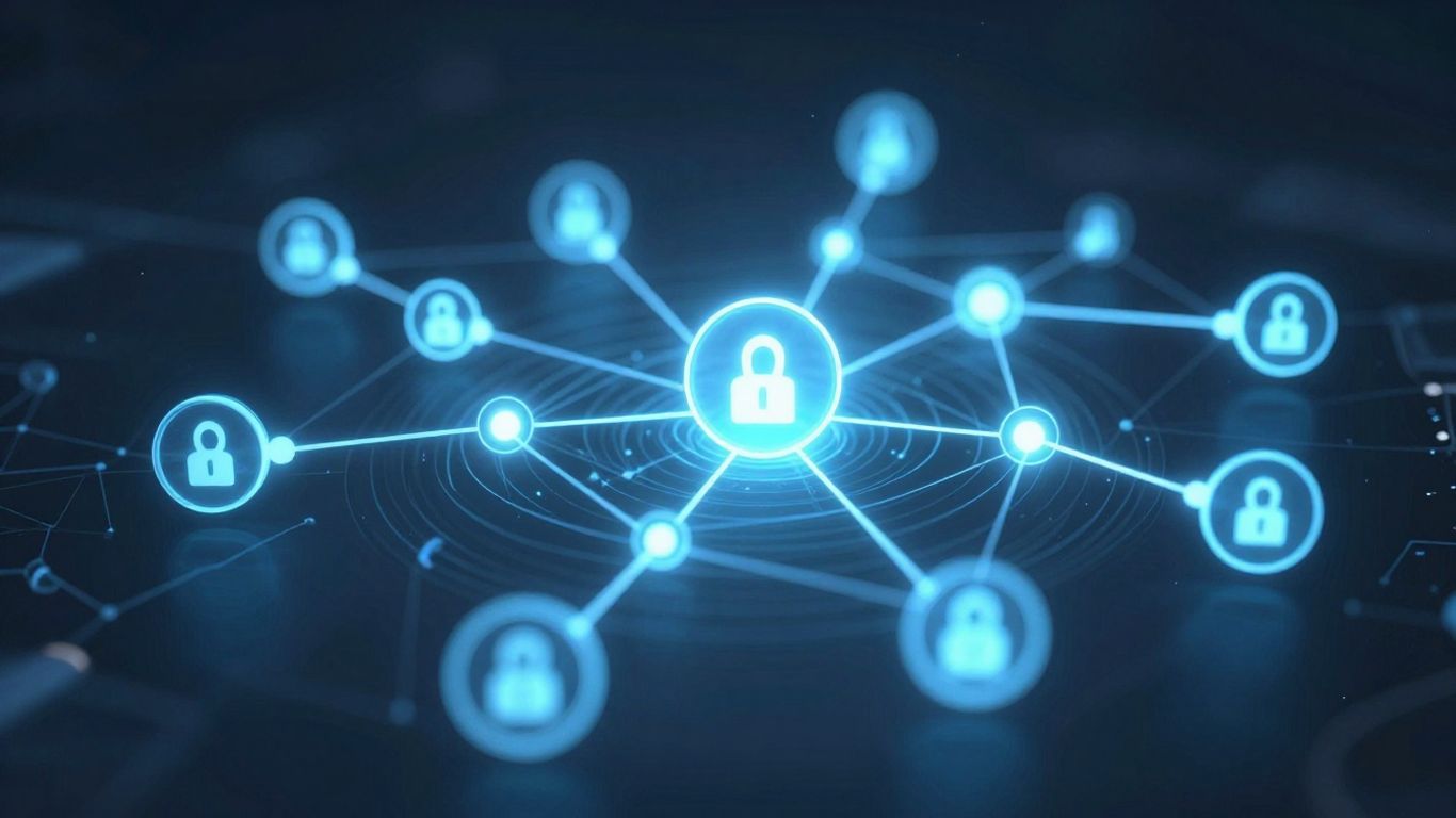 Blockchain network connecting insurance and financial elements.