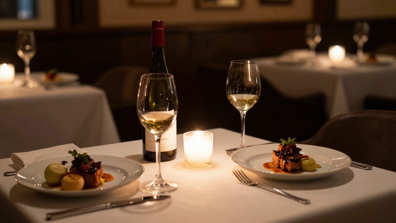 Romantic restaurant table setting with candlelight and food.