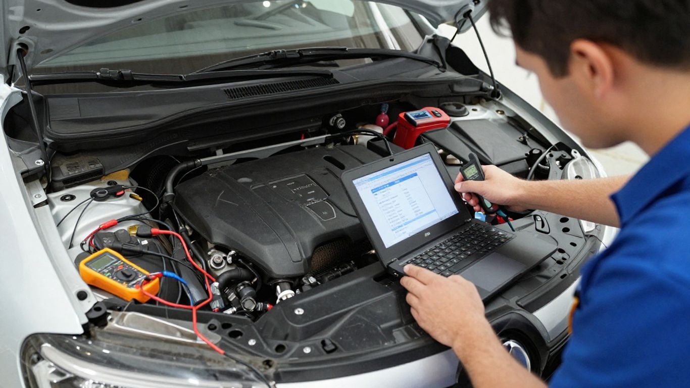 Technician scanning Renault vehicle electronics