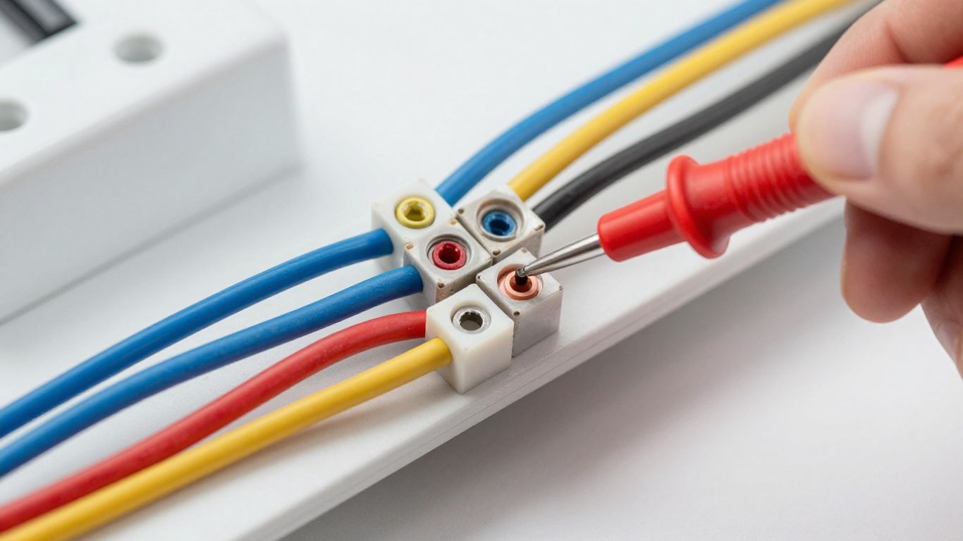 Fils électriques colorés et testeur de tension pour éviter les erreurs.